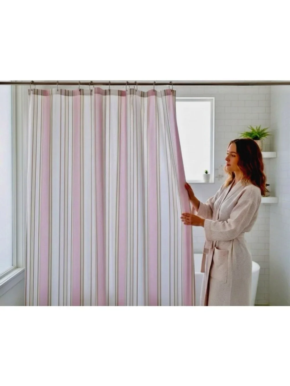CHARTER CLUB Shower Curtain Striped Pink Taupe White Cotton Poly 71